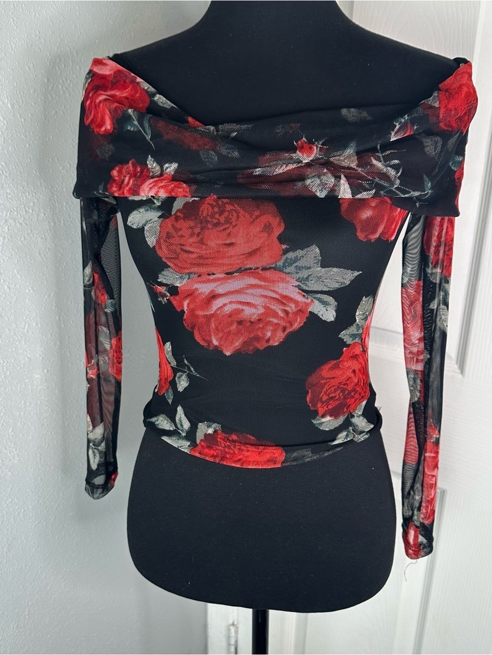 Floral Rose Mesh Off The Shoulder Stretch Top Womens Size XS